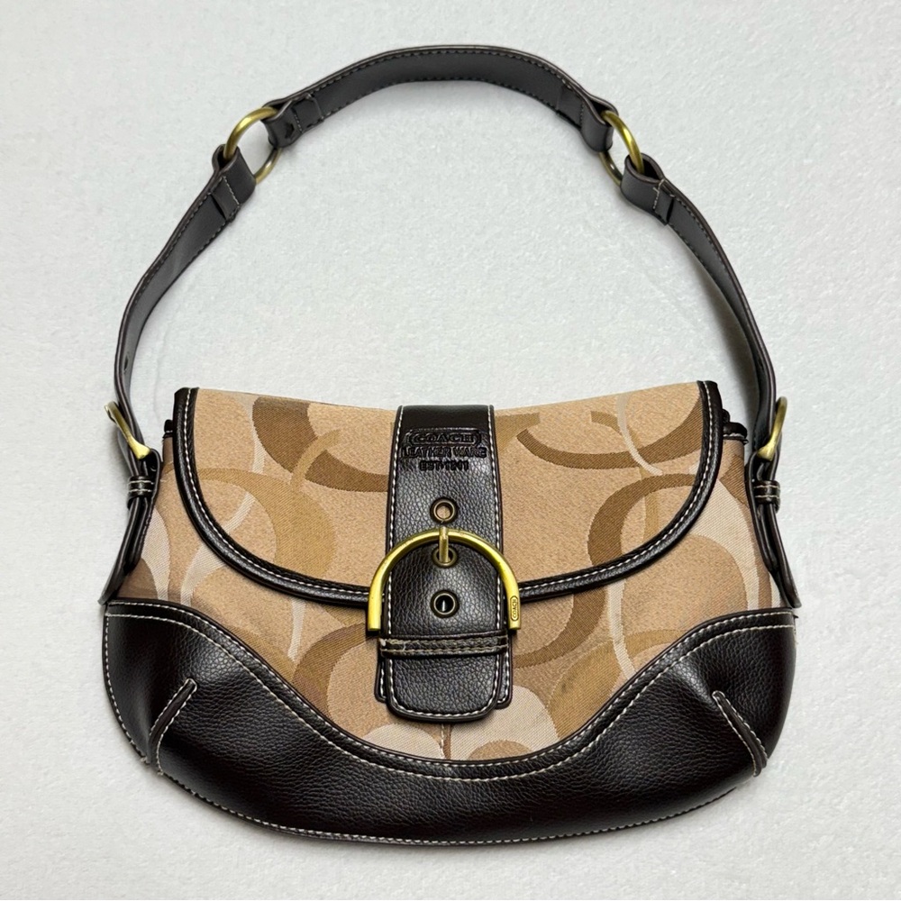 Coach Y2K Small Soho Shoulder Bag Canvas Leather Tan Brown Buckle Flap Signature